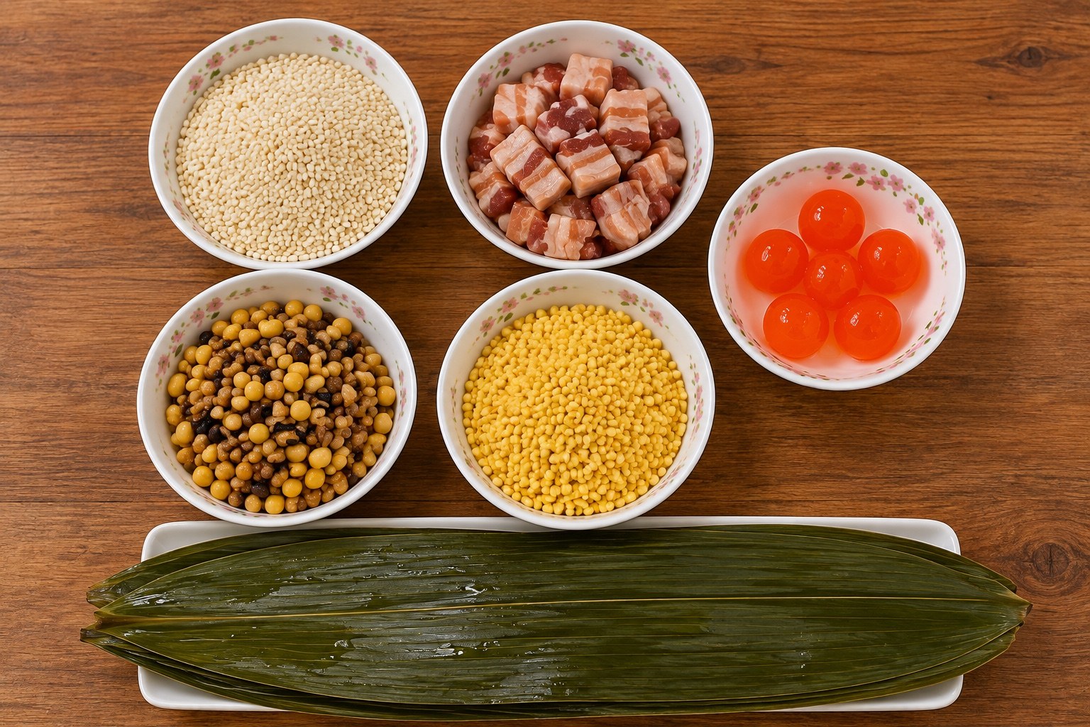 點點玉粽精選食材：米、豬肉、鹹蛋黃、豆類及粽葉