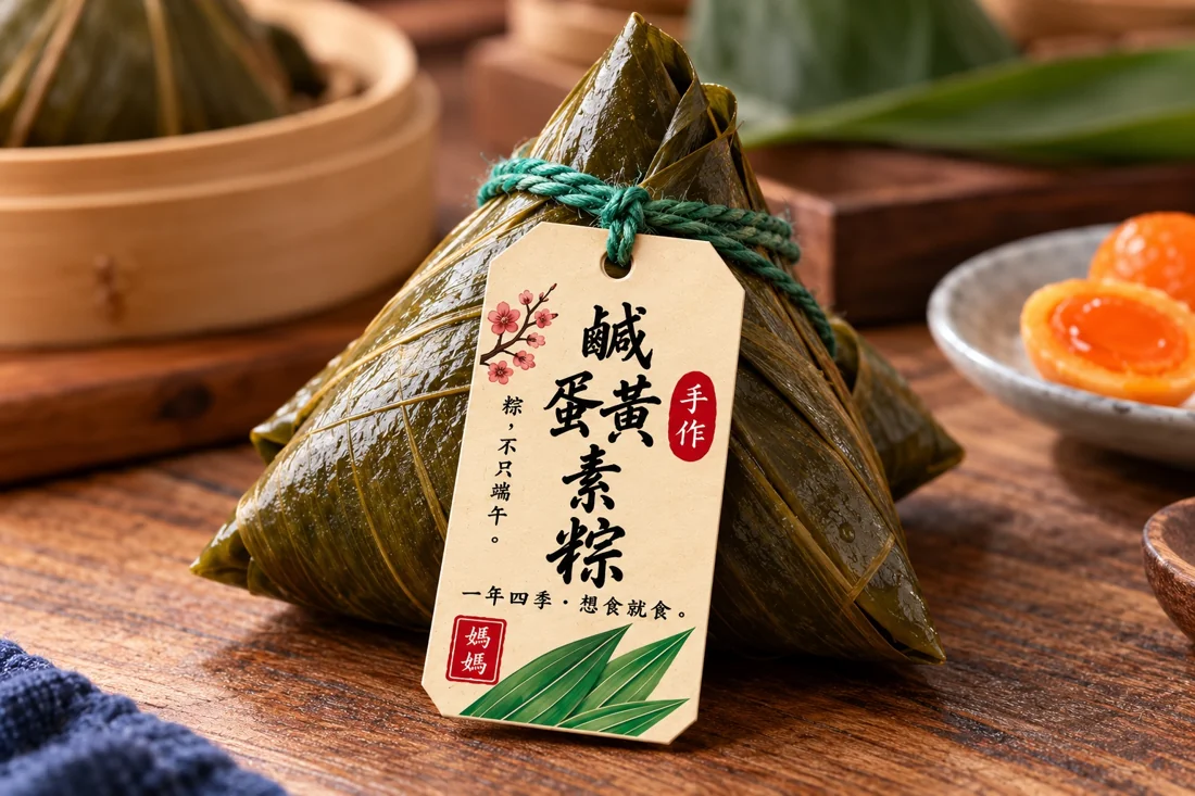鹹蛋黃素粽實物及產品標籤照片