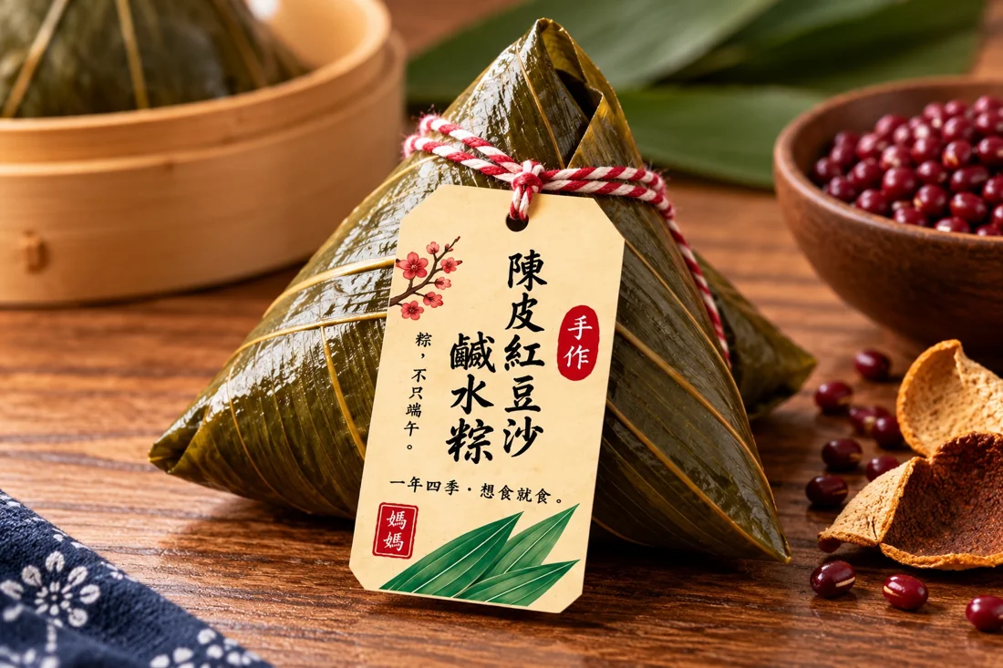 陳皮紅豆沙鹼水粽實物及產品標籤照片